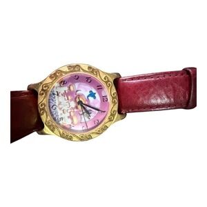 VTG Disney Store Pedre Aladdin Watch Gold Tone Maroon Leather Strap Genie 90s